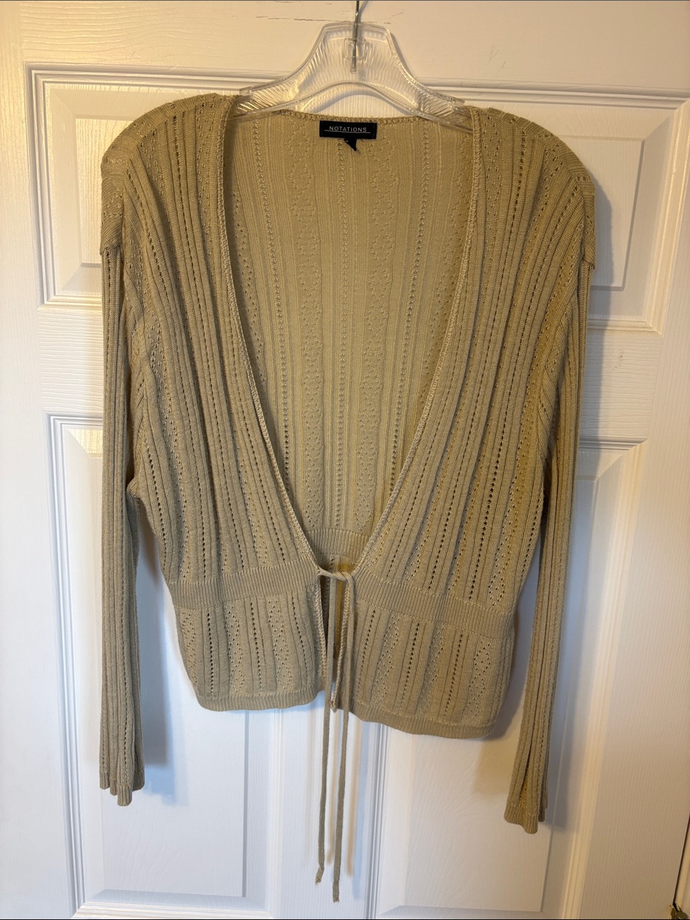 Notations Light Beige Open-Front Tie-Detail Knit Cardigan